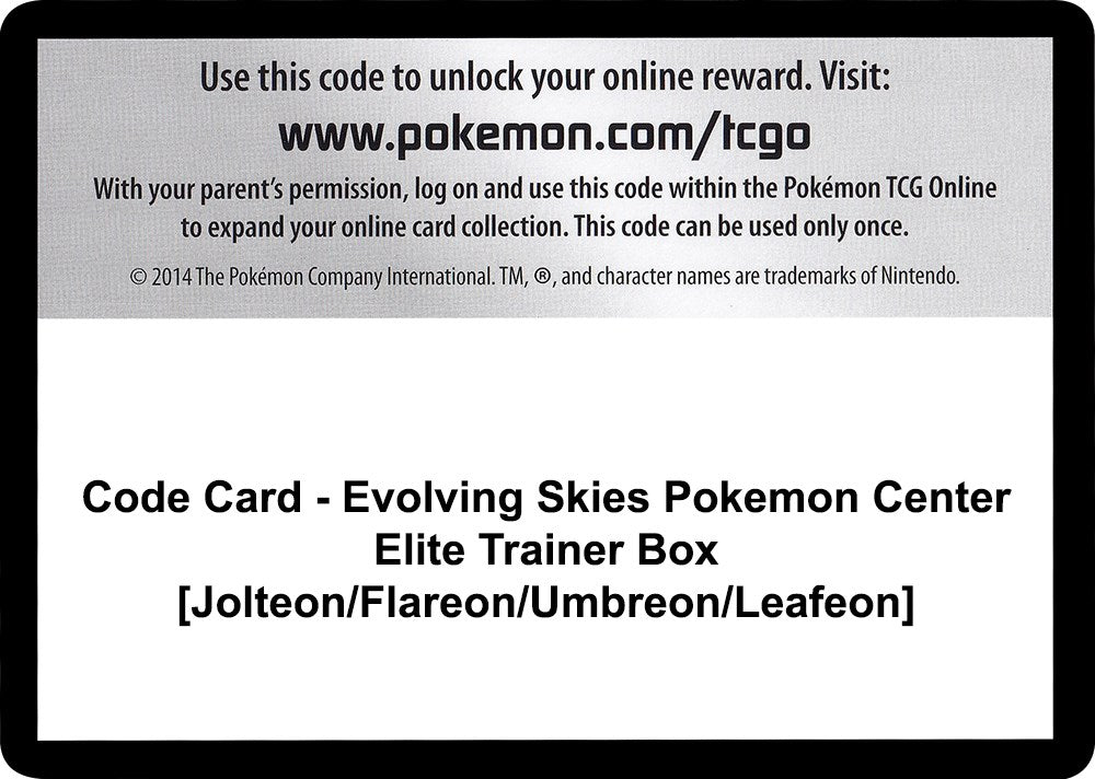 Code Card - Evolving Skies Pokemon Center Elite Trainer Box [Jolteon/Flareon/Umbreon/Leafeon] [SWSH07]