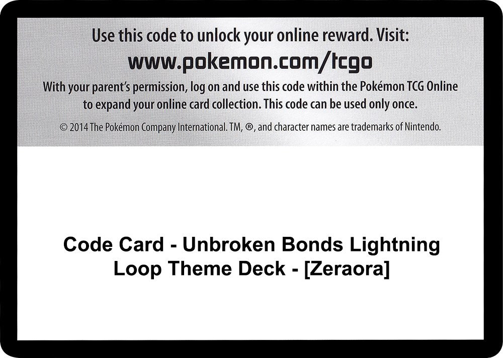 Code Card - Unbroken Bonds Lightning Loop Theme Deck - [Zeraora] [SM10]